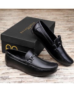 BRENDANBON Casual Stylish Party Wear Fashionable F Buckle Leather Loafer Shoes for Men (Black)