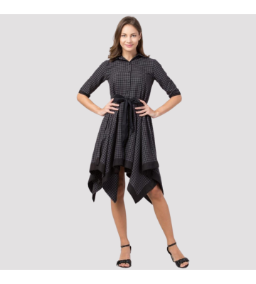 Womens Cotton Checkered High-Low Shirt Dress 