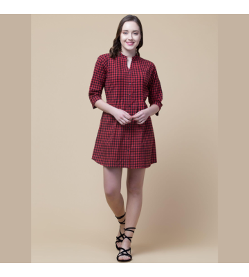 Womens Cotton Checkered Short Dress Red