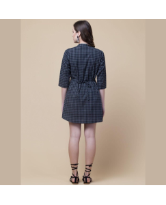 Women's Cotton Checkered Short Dress Grey 