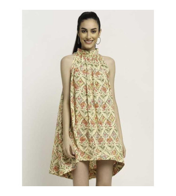 Aawari Rayon A-Line Cream Rose Printed Collared Short Dress For Womens