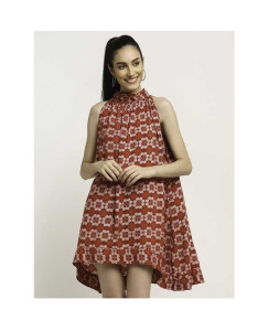 Aawari Rayon A-Line Red Half Choli Printed Collared Short Dress For Womens Red