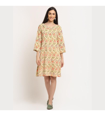 Aawari Rayon A-Line Cream Rose Printed Short Dress For Womens