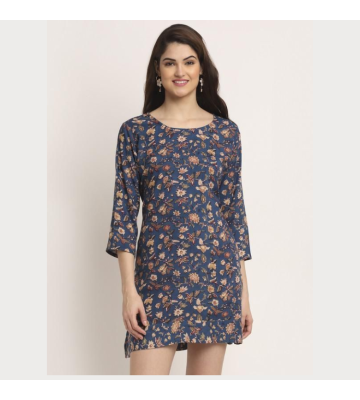 Aawari Rayon A-Line Printed Short Dress For Womens Blue