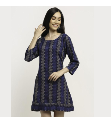 Aawari Rayon Blue ZigZag Printed Short Dress For Womens