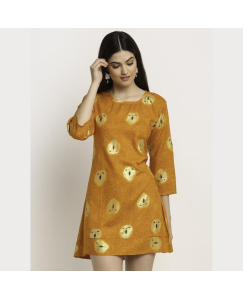 Aawari Rayon A-Line Mustard Boota Printed Short Dress For Womens