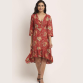 Aawari Rayon A-Line Red New Leaf Printed Short Dress For Womens