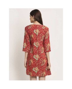 Aawari Rayon A-Line Red New Leaf Printed Short Dress For Womens Red