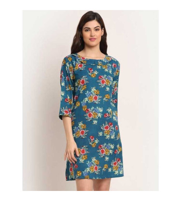 Aawari Rayon A-Line Blue J2 Printed Short Dress For Womens Blue