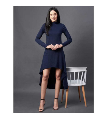 Womens Cotton Solid High-Low Dress Navy Blue