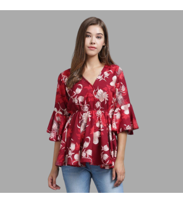 Womens Crepe Red Floral Print