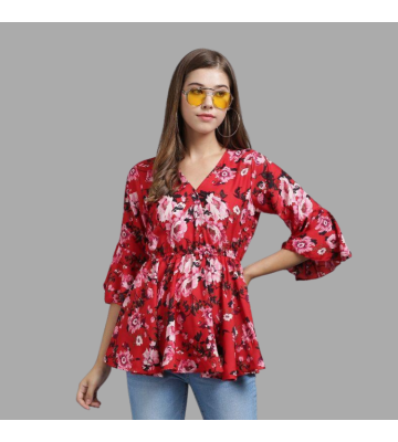 Womens Crepe  Floral Red Top