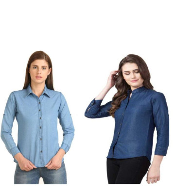 Womens Denim Solid Shirt Buy 1 Get 1 Free Denim Blue 