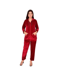 Womens Velvet Solid Night Suit Red
