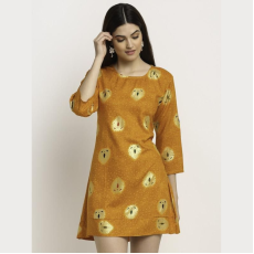 Aawari Rayon A-Line Mustard Boota Printed Short Dress For Womens